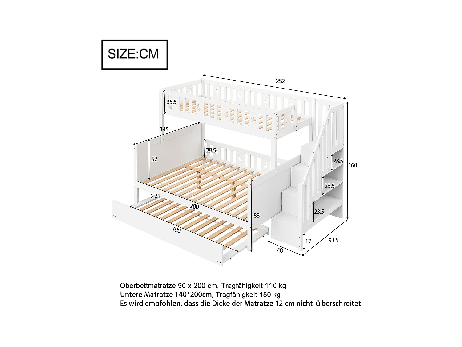 Lit superposés enfant - 90 x 200 + 140 x 200 cm - avec escalier de rangement + lit gigogne - bois - blanc