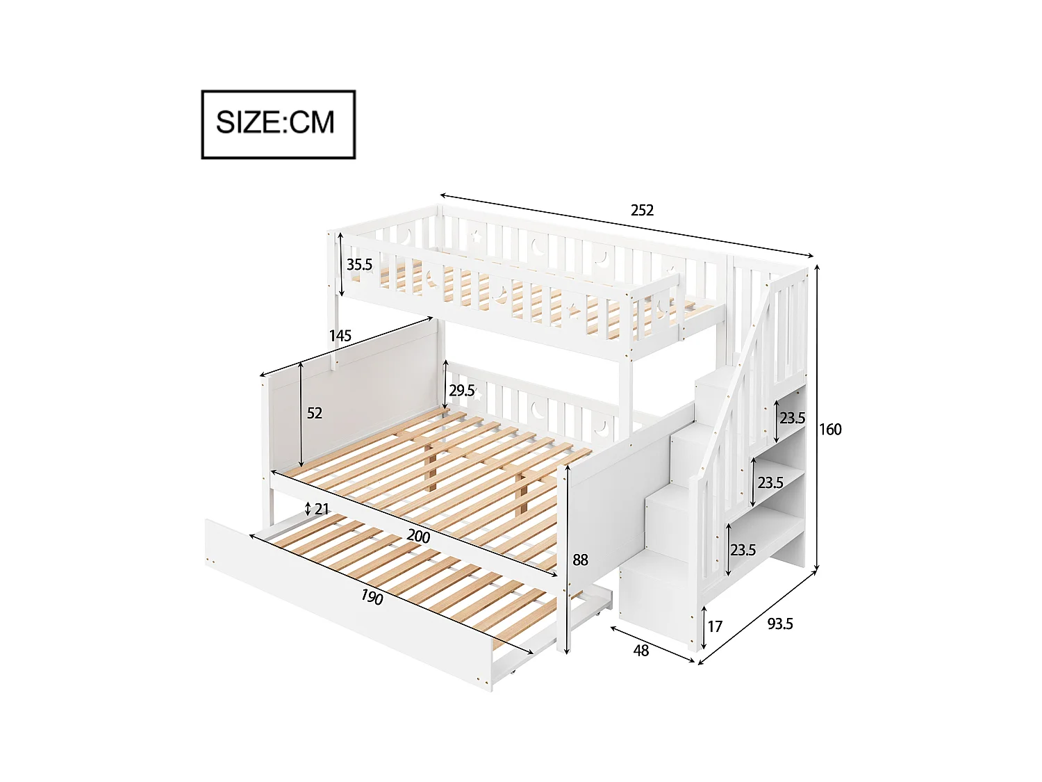 Lit superposés enfant - 90 x 200 + 140 x 200 cm - avec escalier de rangement + lit gigogne - bois - blanc