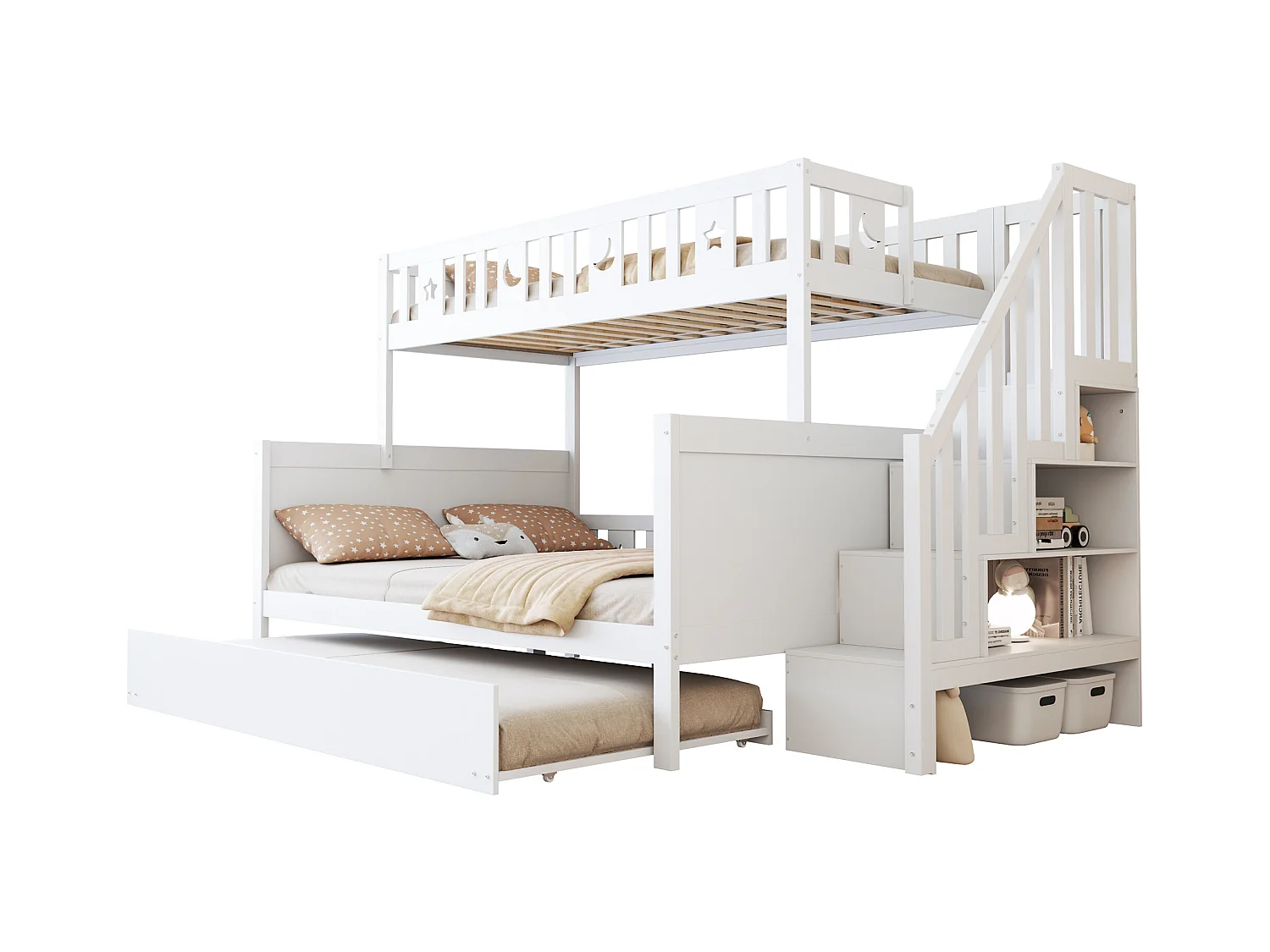 Lit superposés enfant - 90 x 200 + 140 x 200 cm - avec escalier de rangement + lit gigogne - bois - blanc