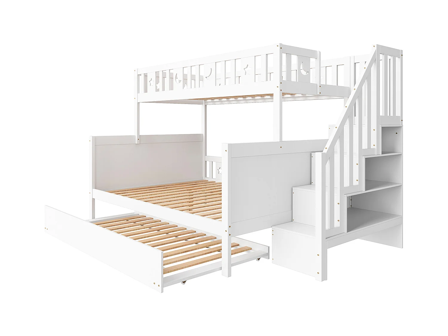 Lit superposés enfant - 90 x 200 + 140 x 200 cm - avec escalier de rangement + lit gigogne - bois - blanc