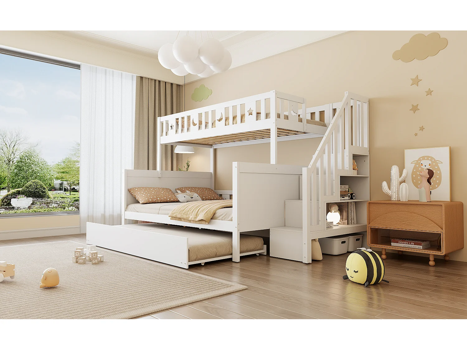 Lit superposés enfant - 90 x 200 + 140 x 200 cm - avec escalier de rangement + lit gigogne - bois - blanc
