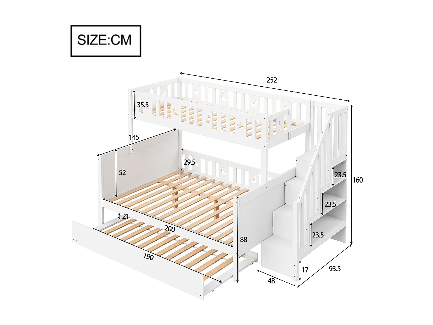 Lit superposés enfant - 90 x 200 + 140 x 200 cm - avec escalier de rangement + lit gigogne - bois - blanc