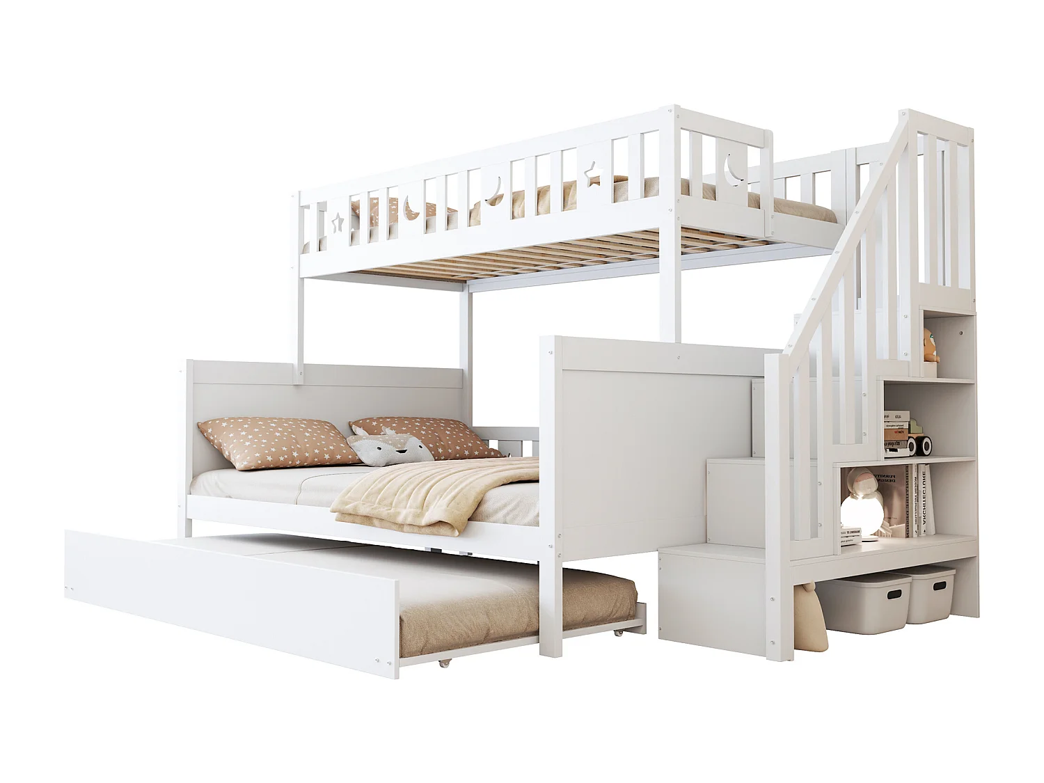 Lit superposés enfant - 90 x 200 + 140 x 200 cm - avec escalier de rangement + lit gigogne - bois - blanc