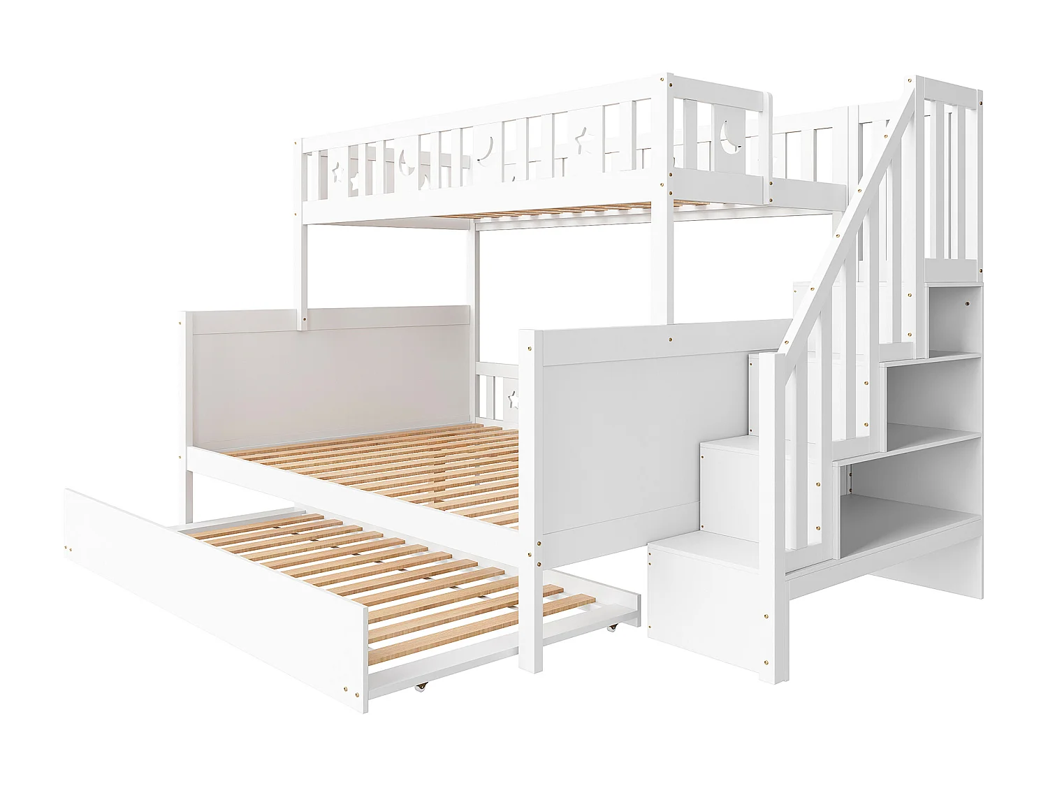 Lit superposés enfant - 90 x 200 + 140 x 200 cm - avec escalier de rangement + lit gigogne - bois - blanc