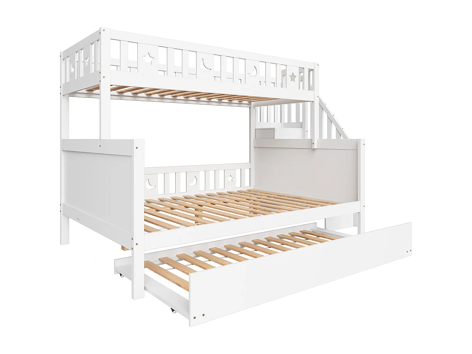 Lit superposés enfant - 90 x 200 + 140 x 200 cm - avec escalier de rangement + lit gigogne - bois - blanc