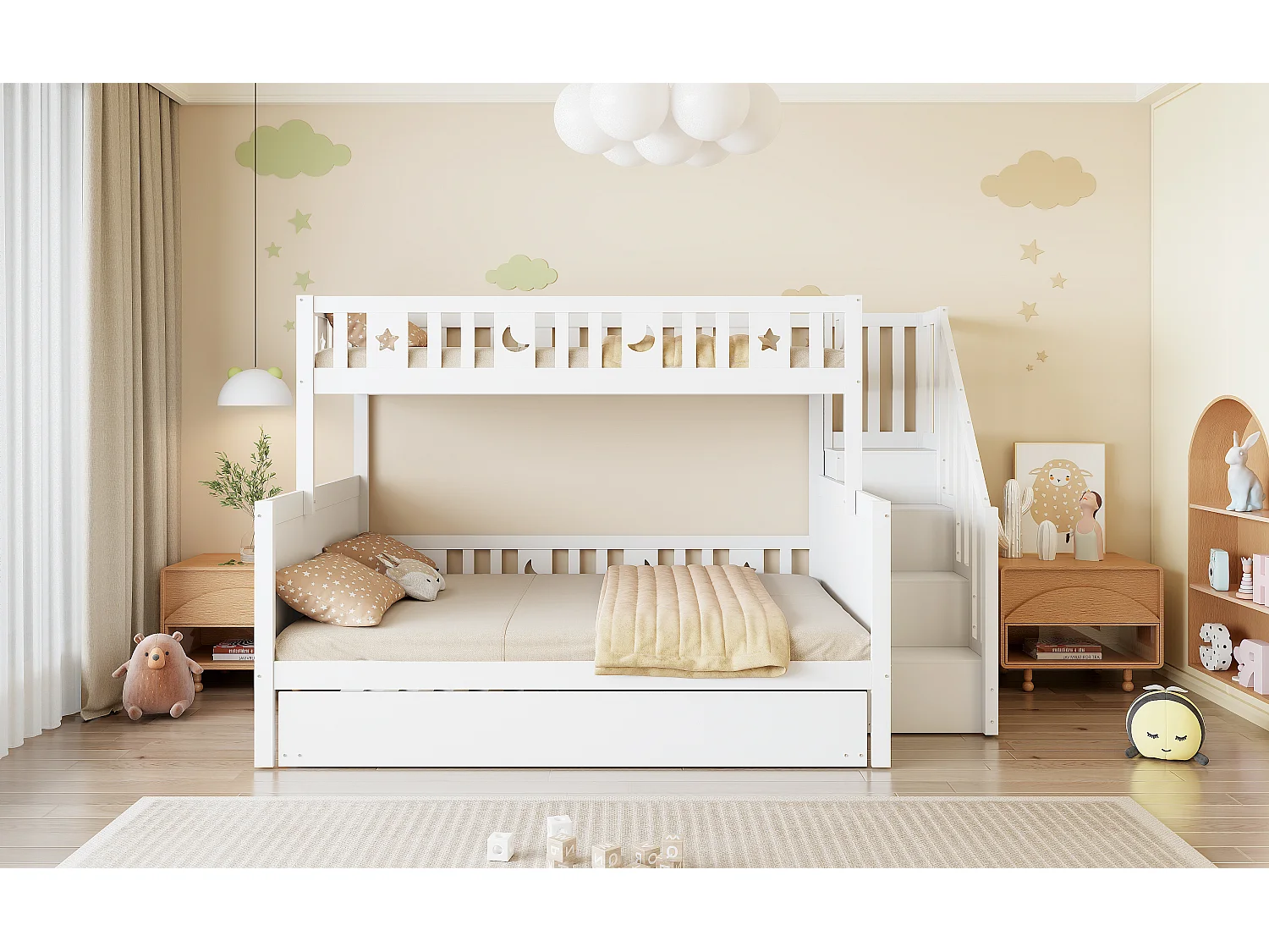 Lit superposés enfant - 90 x 200 + 140 x 200 cm - avec escalier de rangement + lit gigogne - bois - blanc