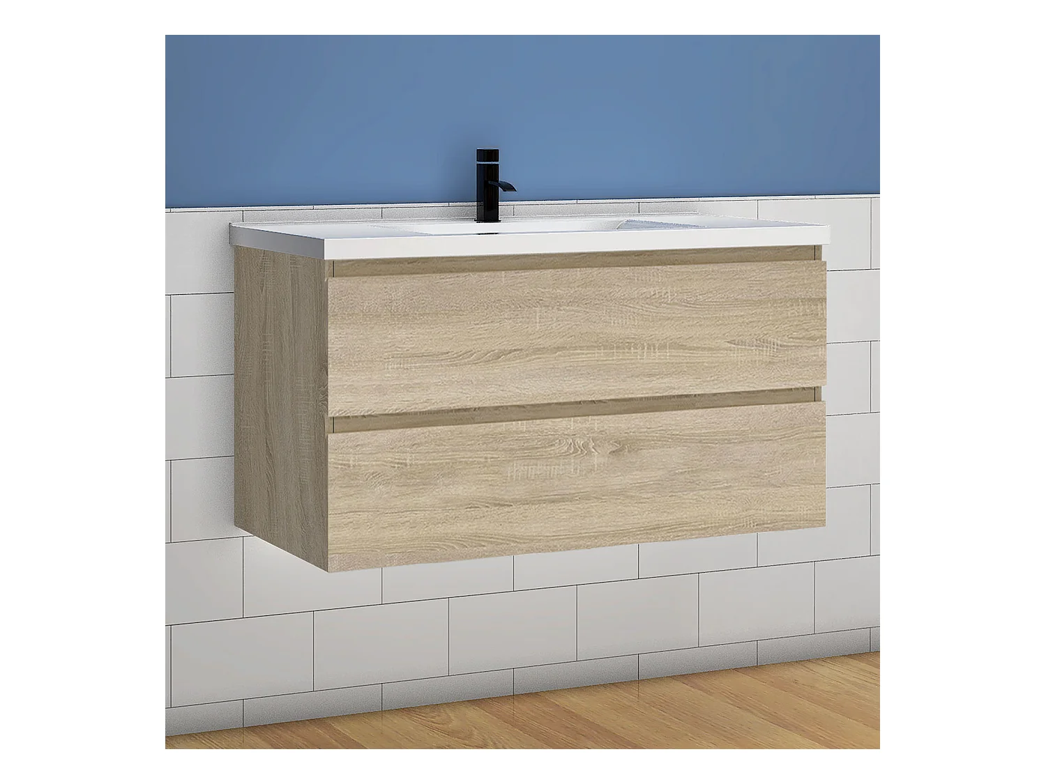 Mueble de baño flotante con lavabo, 99 x 44.5 x 52 cm,Color Roble,Con 2 Cajones, Muebles de Alta Calidad, AICA
