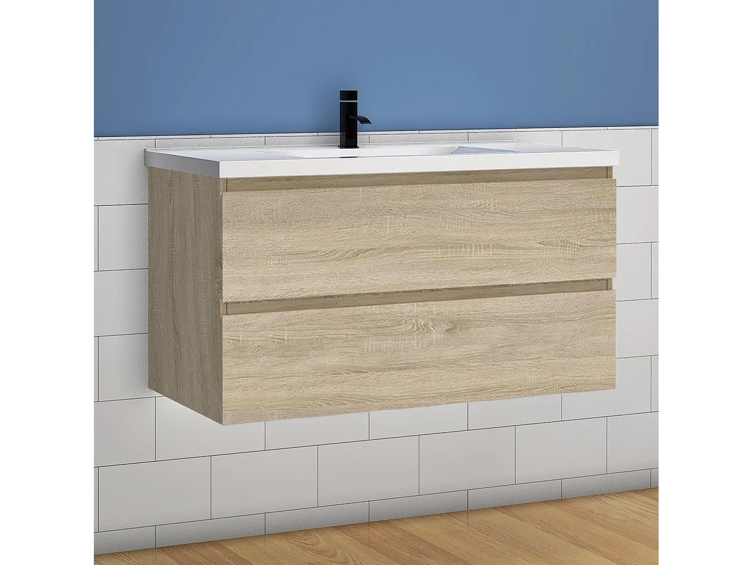 Mueble de baño flotante con lavabo, 99 x 44.5 x 52 cm,Color Roble,Con 2 Cajones, Muebles de Alta Calidad, AICA