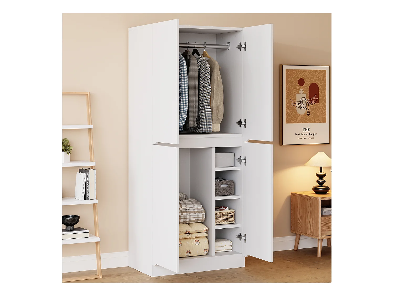 Armoire 70 x 40 x 170 cm - modèle à 2 portes avec compartiment de rangement - bois - blanc
