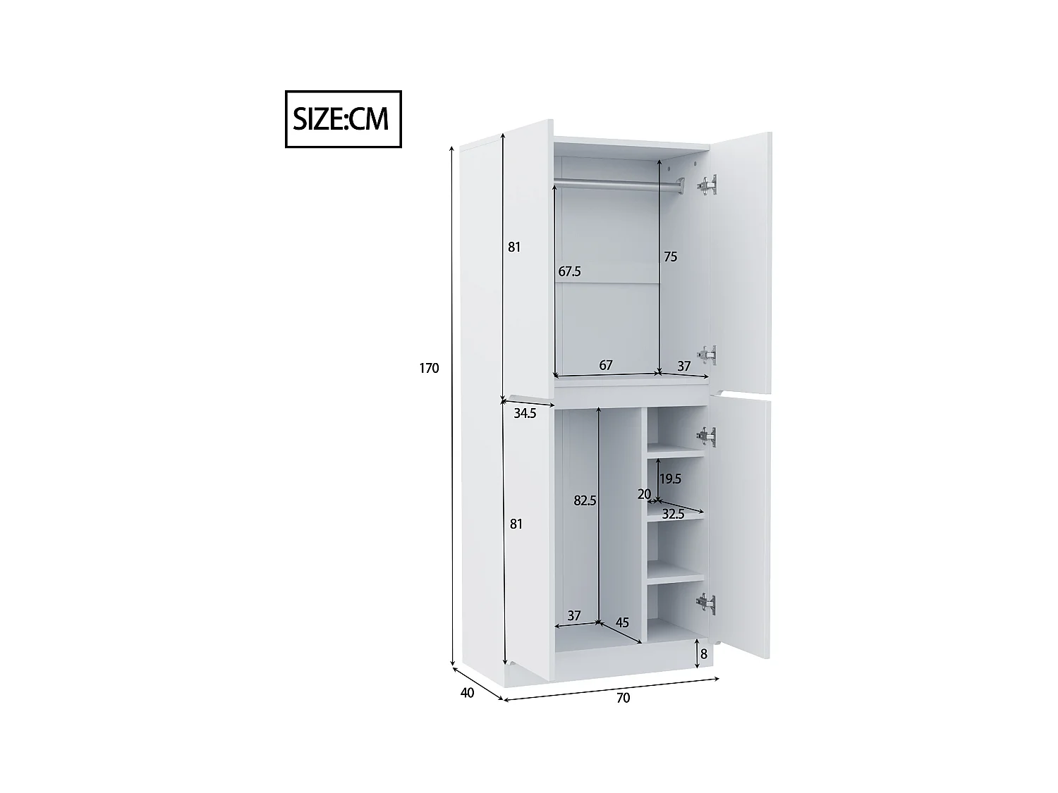 Armoire 70 x 40 x 170 cm - modèle à 2 portes avec compartiment de rangement - bois - blanc