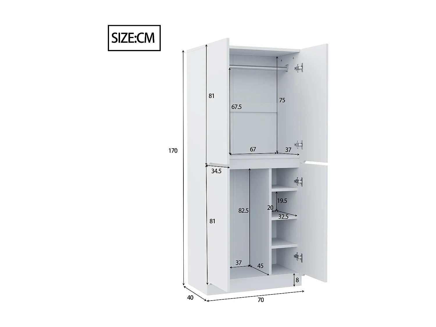 Armoire 70 x 40 x 170 cm - modèle à 2 portes avec compartiment de rangement - bois - blanc