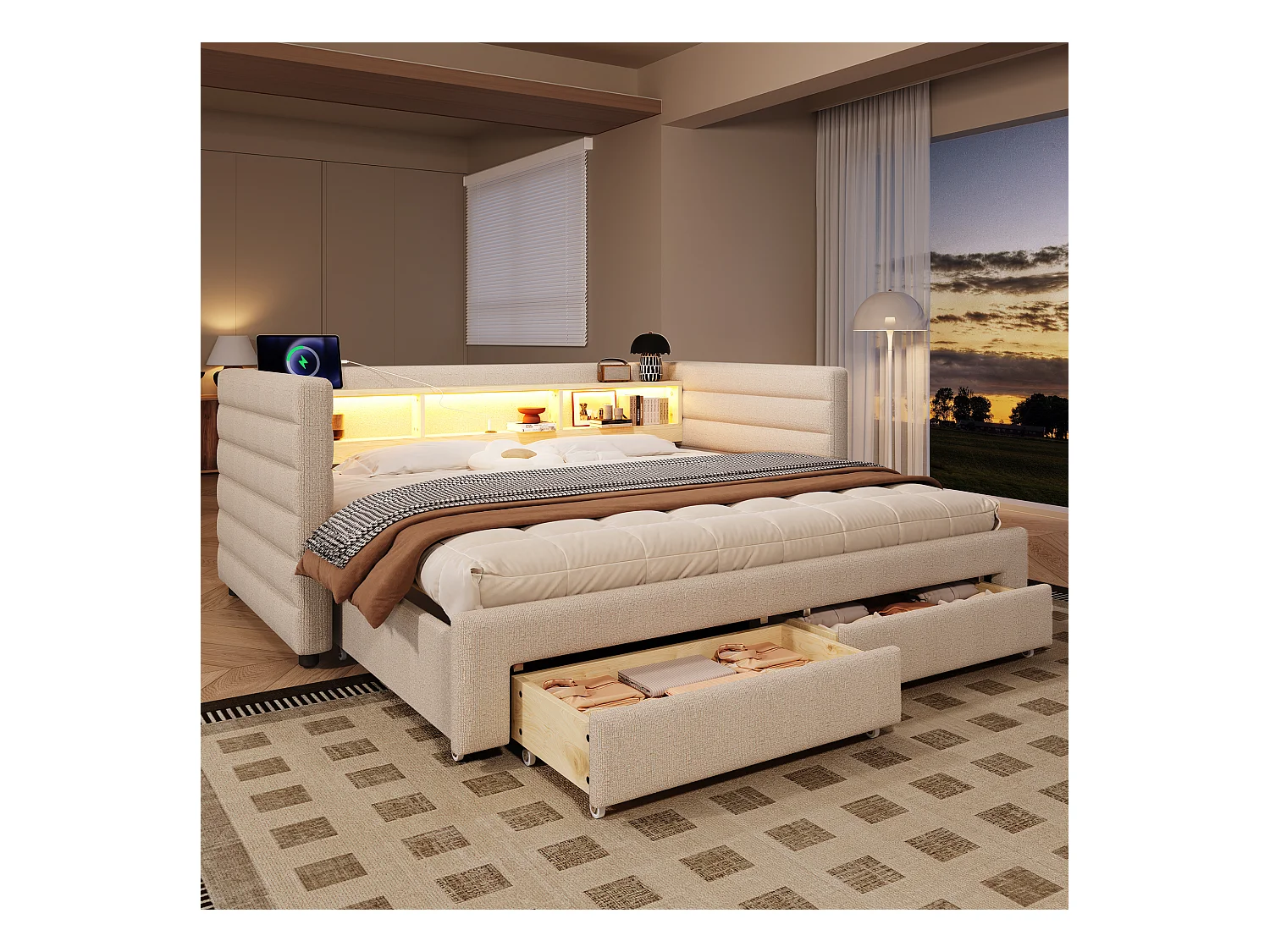 Canapé-lit 90/180 x 190 cm - design lit gigogne - avec USB + Type-C + 2 tiroirs + Leds + rangements - velours - beige
