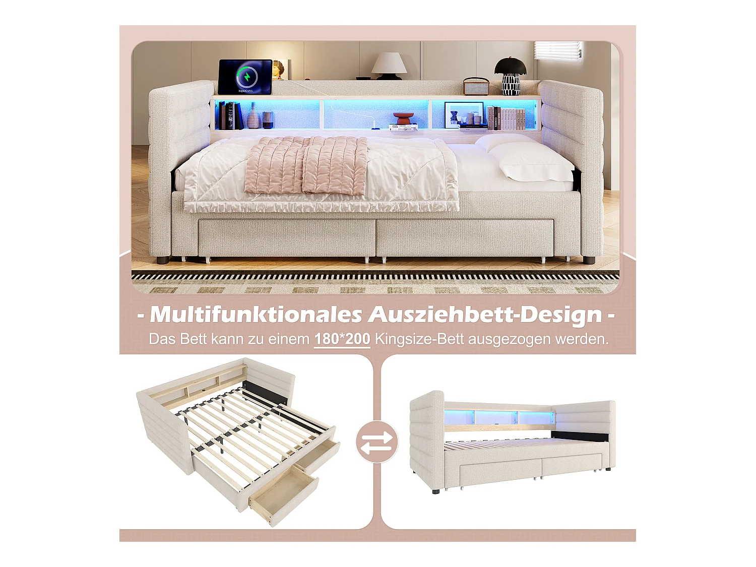 Canapé-lit 90/180 x 190 cm - design lit gigogne - avec USB + Type-C + 2 tiroirs + Leds + rangements - velours - beige