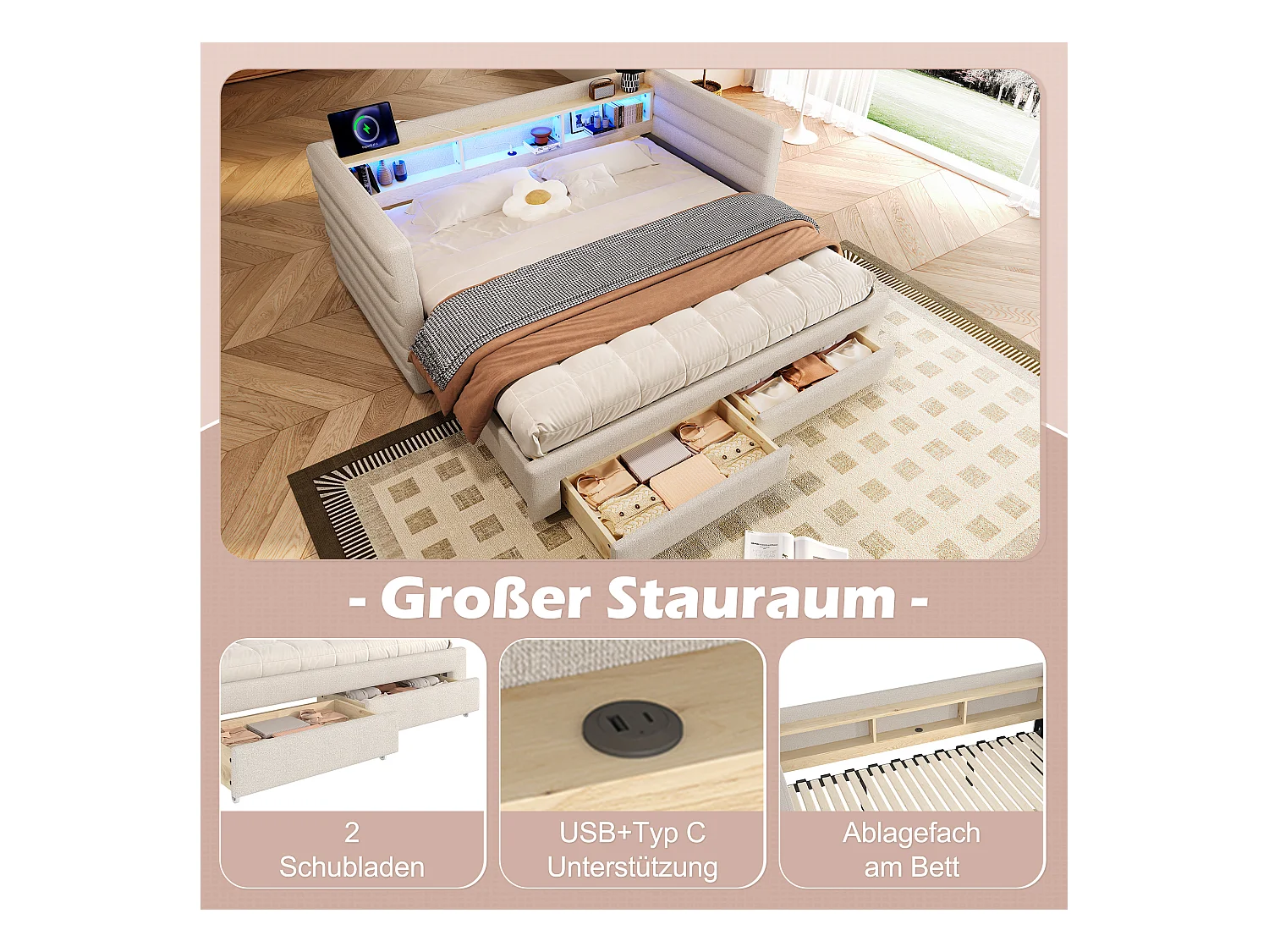 Canapé-lit 90/180 x 190 cm - design lit gigogne - avec USB + Type-C + 2 tiroirs + Leds + rangements - velours - beige