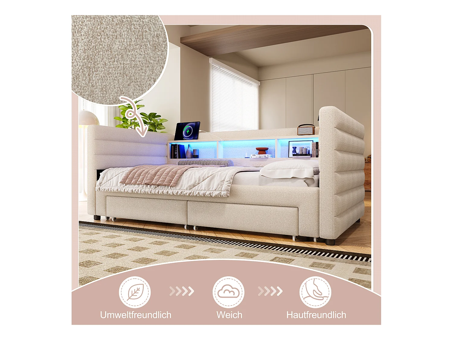 Canapé-lit 90/180 x 190 cm - design lit gigogne - avec USB + Type-C + 2 tiroirs + Leds + rangements - velours - beige