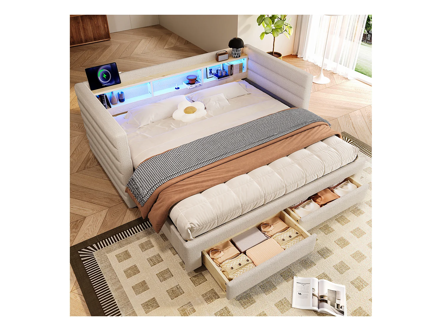 Canapé-lit 90/180 x 190 cm - design lit gigogne - avec USB + Type-C + 2 tiroirs + Leds + rangements - velours - beige