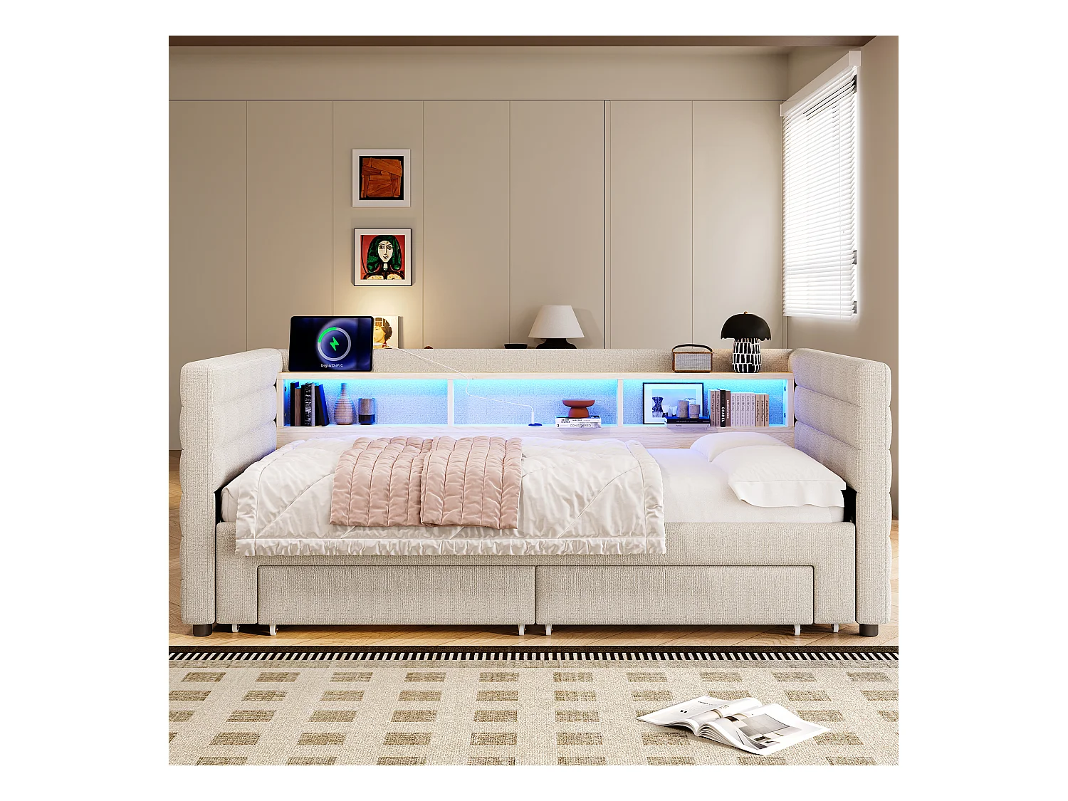 Canapé-lit 90/180 x 190 cm - design lit gigogne - avec USB + Type-C + 2 tiroirs + Leds + rangements - velours - beige