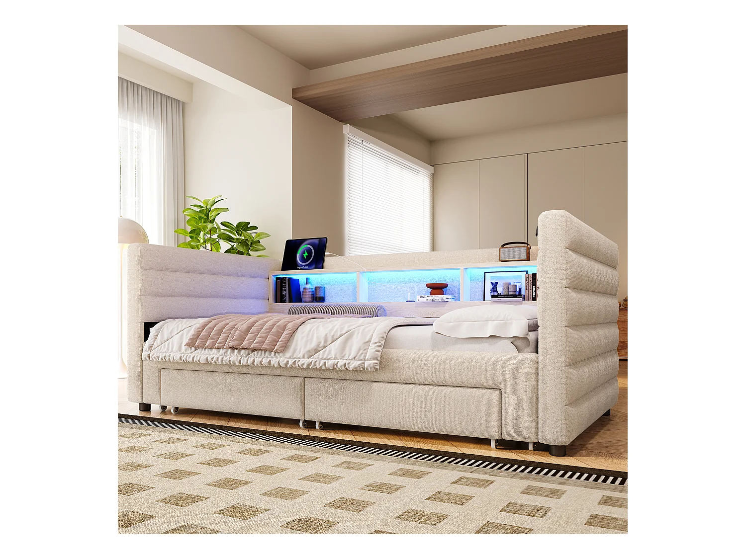 Canapé-lit 90/180 x 190 cm - design lit gigogne - avec USB + Type-C + 2 tiroirs + Leds + rangements - velours - beige