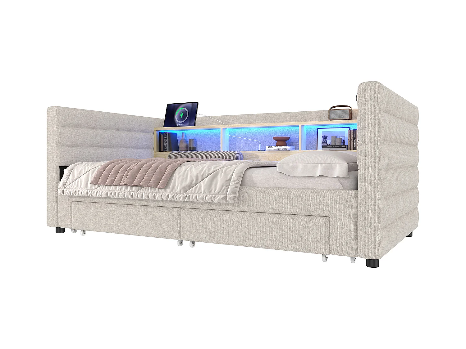 Canapé-lit 90/180 x 190 cm - design lit gigogne - avec USB + Type-C + 2 tiroirs + Leds + rangements - velours - beige