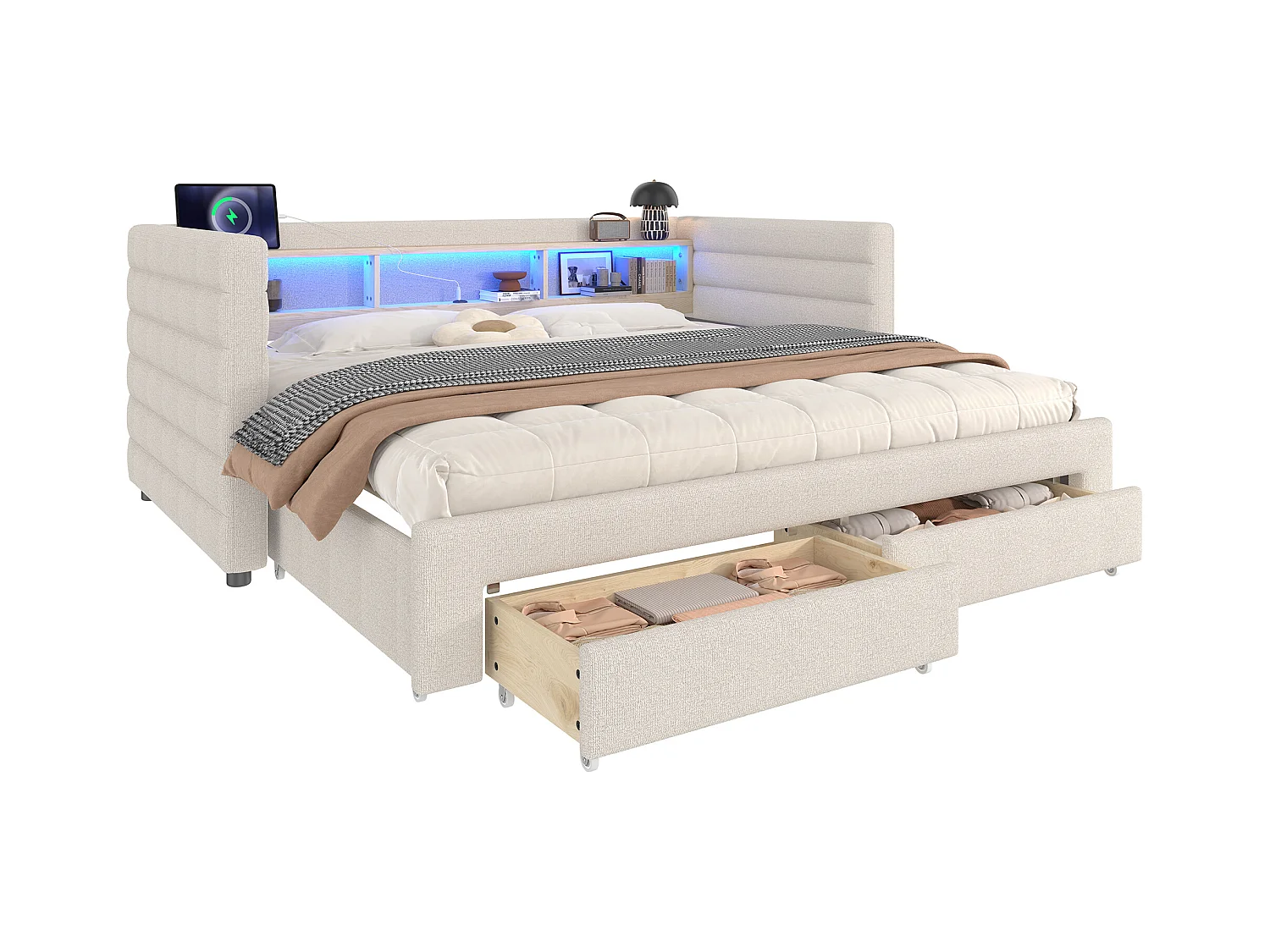 Canapé-lit 90/180 x 190 cm - design lit gigogne - avec USB + Type-C + 2 tiroirs + Leds + rangements - velours - beige
