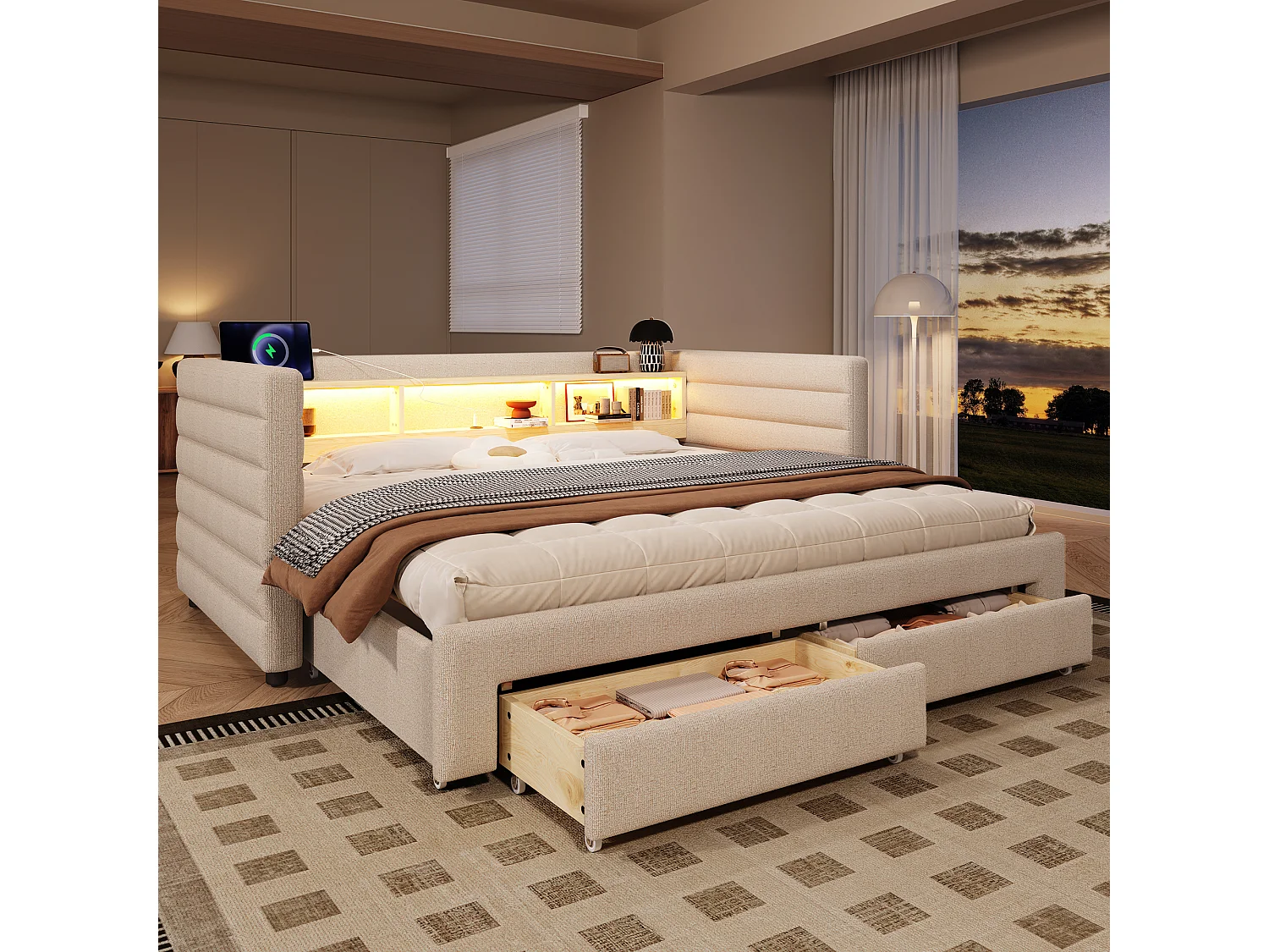Canapé-lit 90/180 x 190 cm - design lit gigogne - avec USB + Type-C + 2 tiroirs + Leds + rangements - velours - beige