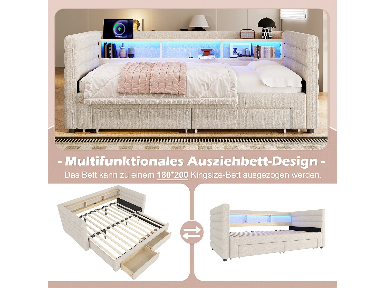 Canapé-lit 90/180 x 190 cm - design lit gigogne - avec USB + Type-C + 2 tiroirs + Leds + rangements - velours - beige