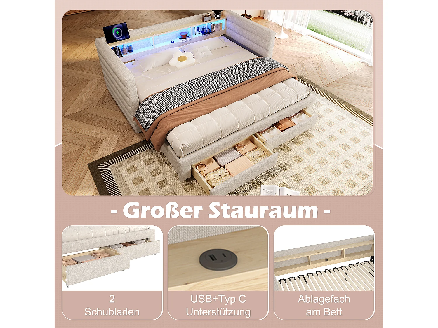Canapé-lit 90/180 x 190 cm - design lit gigogne - avec USB + Type-C + 2 tiroirs + Leds + rangements - velours - beige