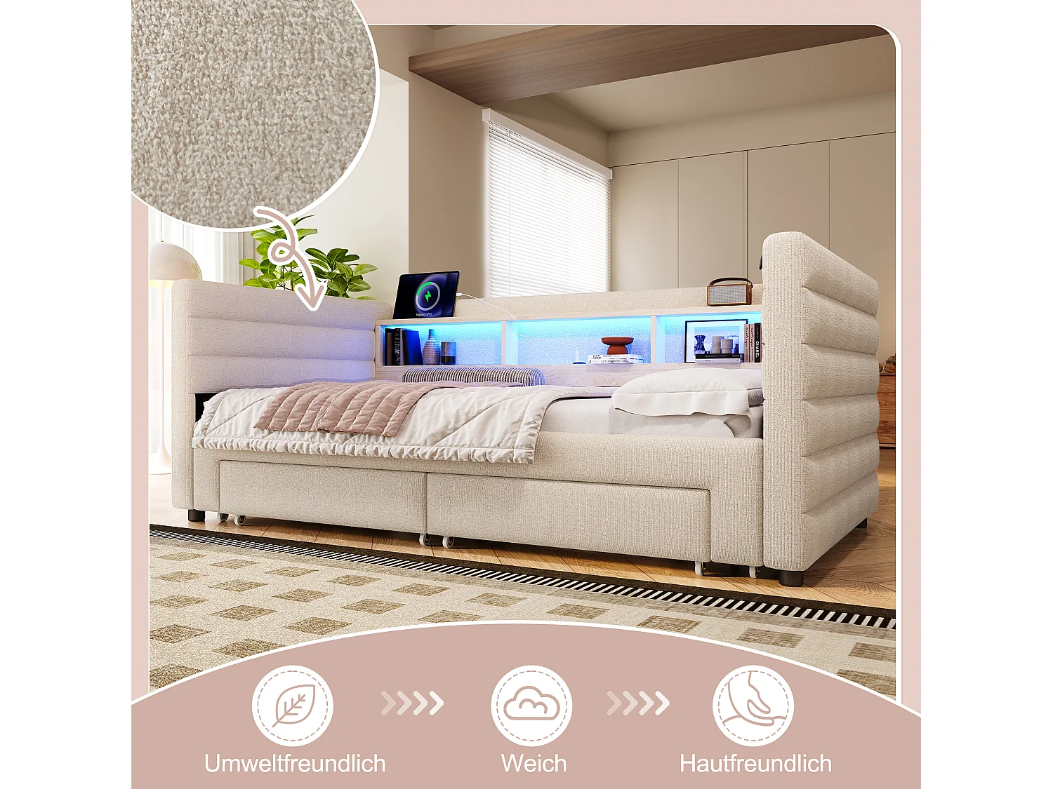 Canapé-lit 90/180 x 190 cm - design lit gigogne - avec USB + Type-C + 2 tiroirs + Leds + rangements - velours - beige