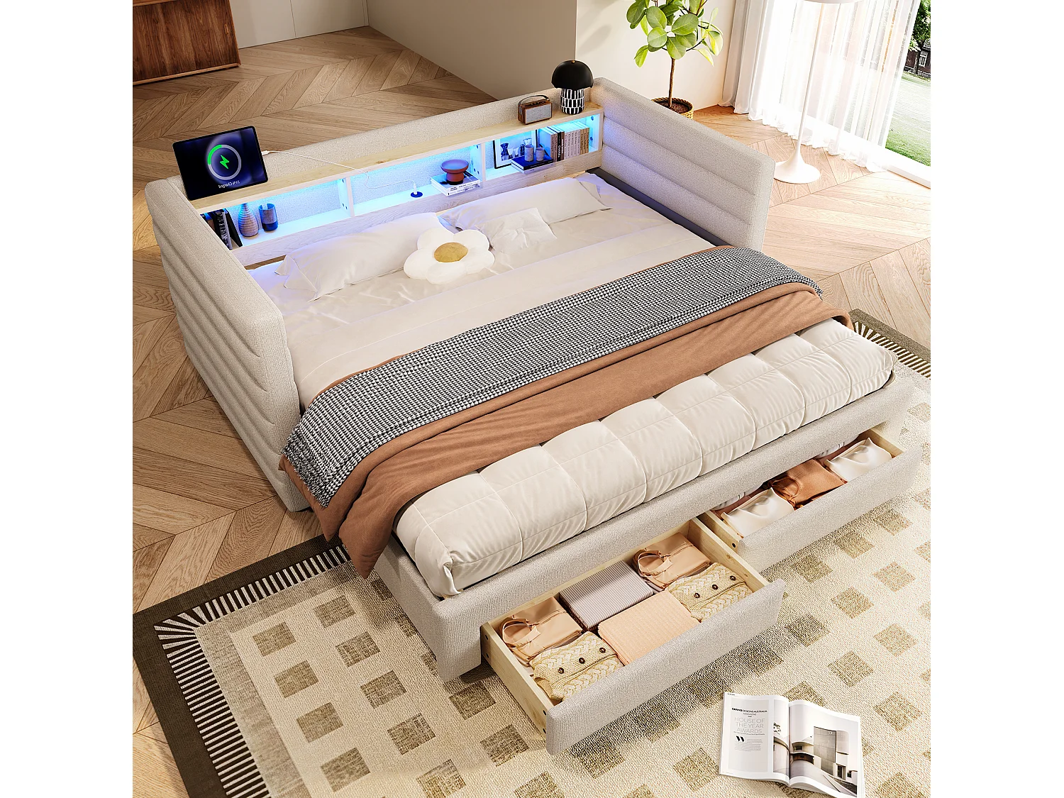 Canapé-lit 90/180 x 190 cm - design lit gigogne - avec USB + Type-C + 2 tiroirs + Leds + rangements - velours - beige