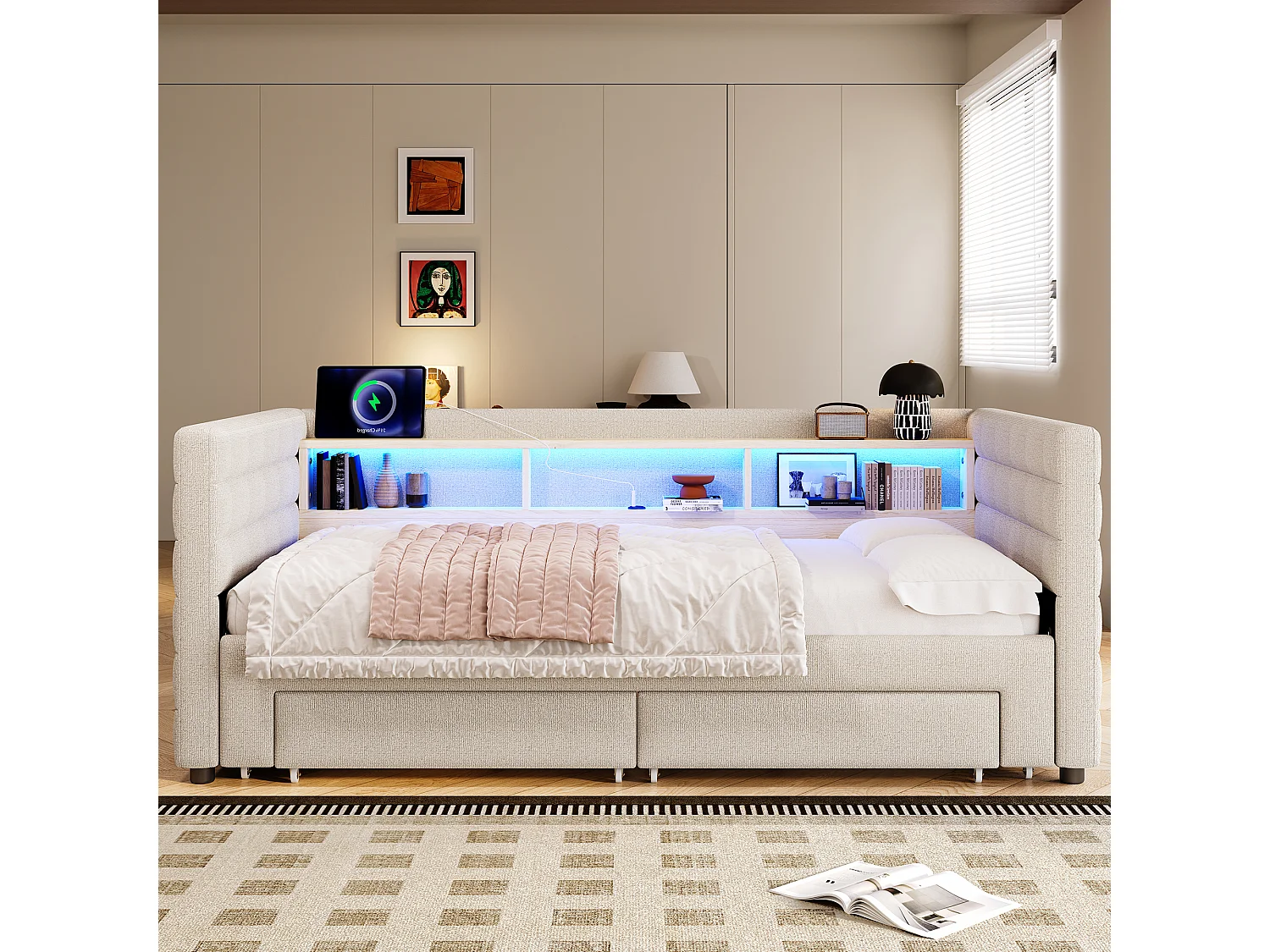 Canapé-lit 90/180 x 190 cm - design lit gigogne - avec USB + Type-C + 2 tiroirs + Leds + rangements - velours - beige