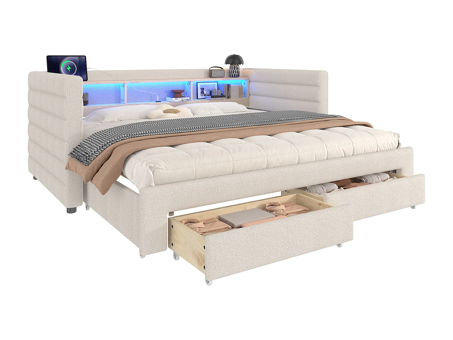 Canapé-lit 90/180 x 190 cm - design lit gigogne - avec USB + Type-C + 2 tiroirs + Leds + rangements - velours - beige