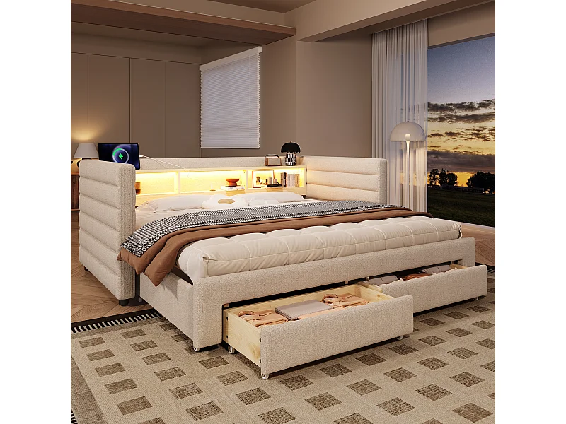 Canapé-lit 90/180 x 190 cm - design lit gigogne - avec USB + Type-C + 2 tiroirs + Leds + rangements - velours - beige