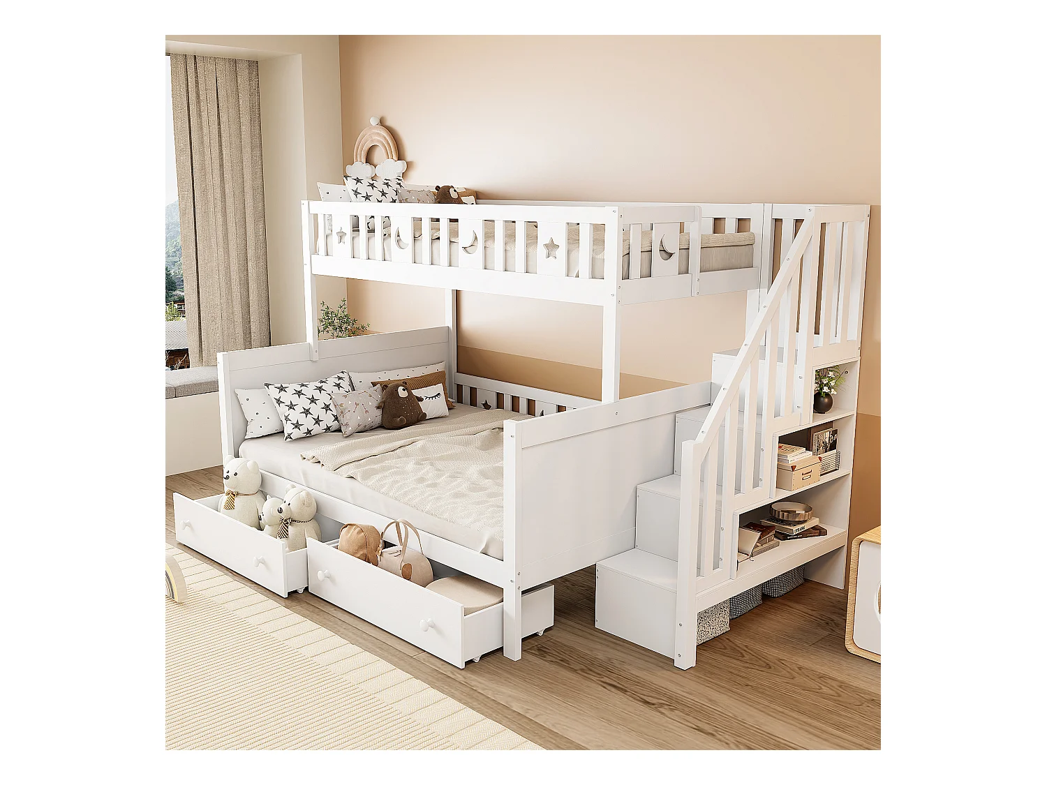 Lit superposés enfant - 90 x 200 + 140 x 200 cm - avec escalier de rangement + 2 tiroirs - bois - blanc