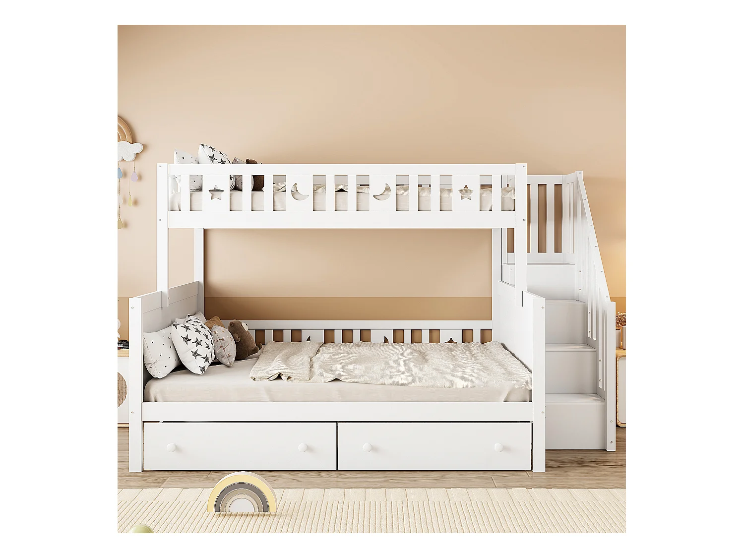 Lit superposés enfant - 90 x 200 + 140 x 200 cm - avec escalier de rangement + 2 tiroirs - bois - blanc
