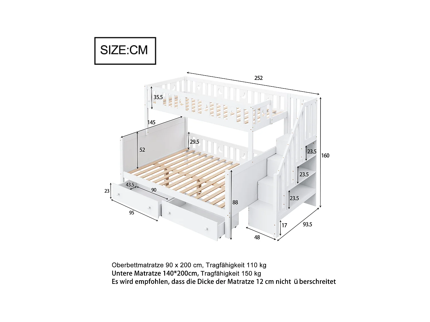 Lit superposés enfant - 90 x 200 + 140 x 200 cm - avec escalier de rangement + 2 tiroirs - bois - blanc