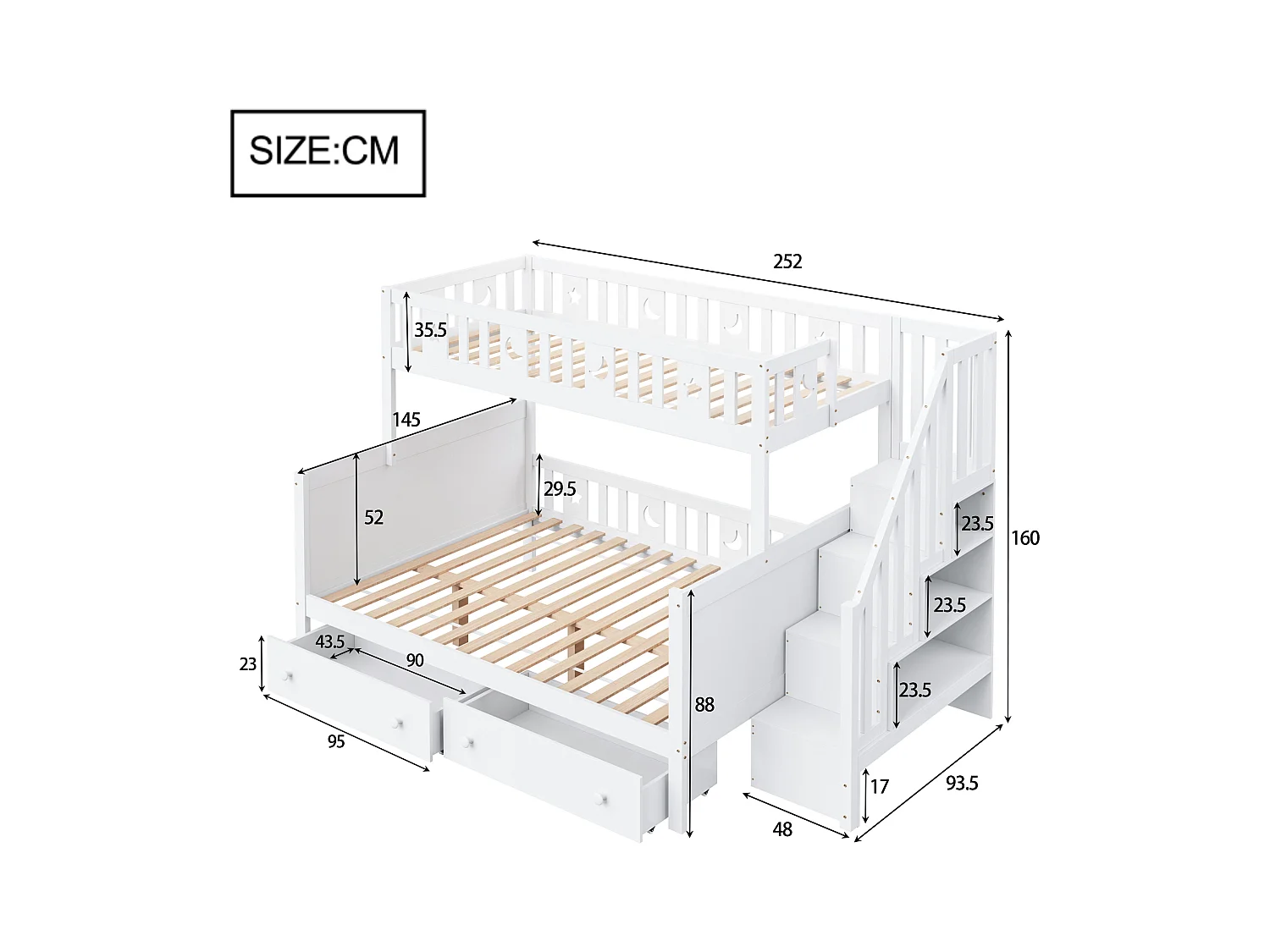 Lit superposés enfant - 90 x 200 + 140 x 200 cm - avec escalier de rangement + 2 tiroirs - bois - blanc