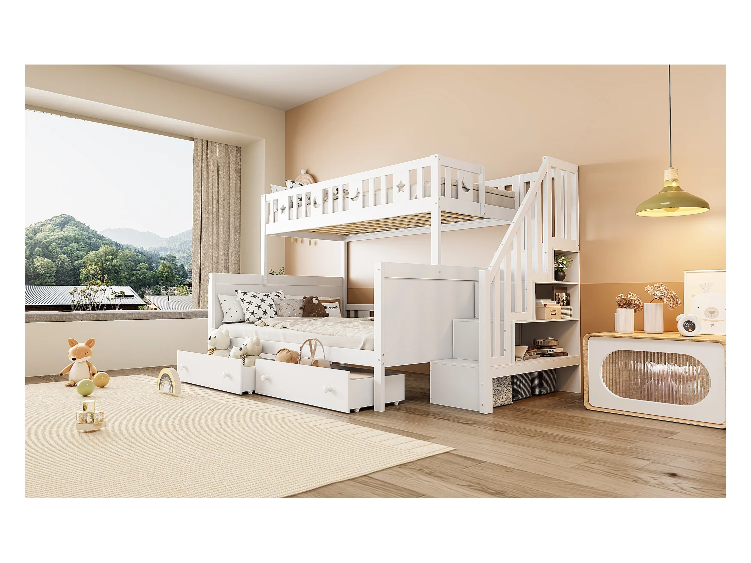 Lit superposés enfant - 90 x 200 + 140 x 200 cm - avec escalier de rangement + 2 tiroirs - bois - blanc