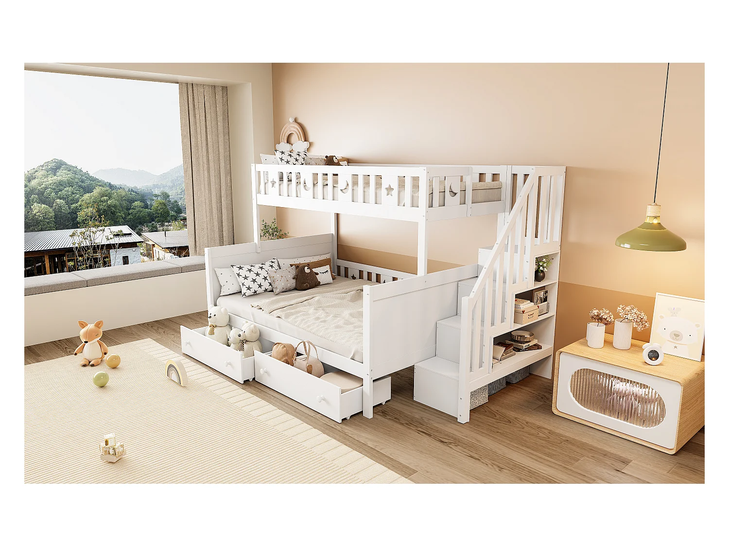 Lit superposés enfant - 90 x 200 + 140 x 200 cm - avec escalier de rangement + 2 tiroirs - bois - blanc