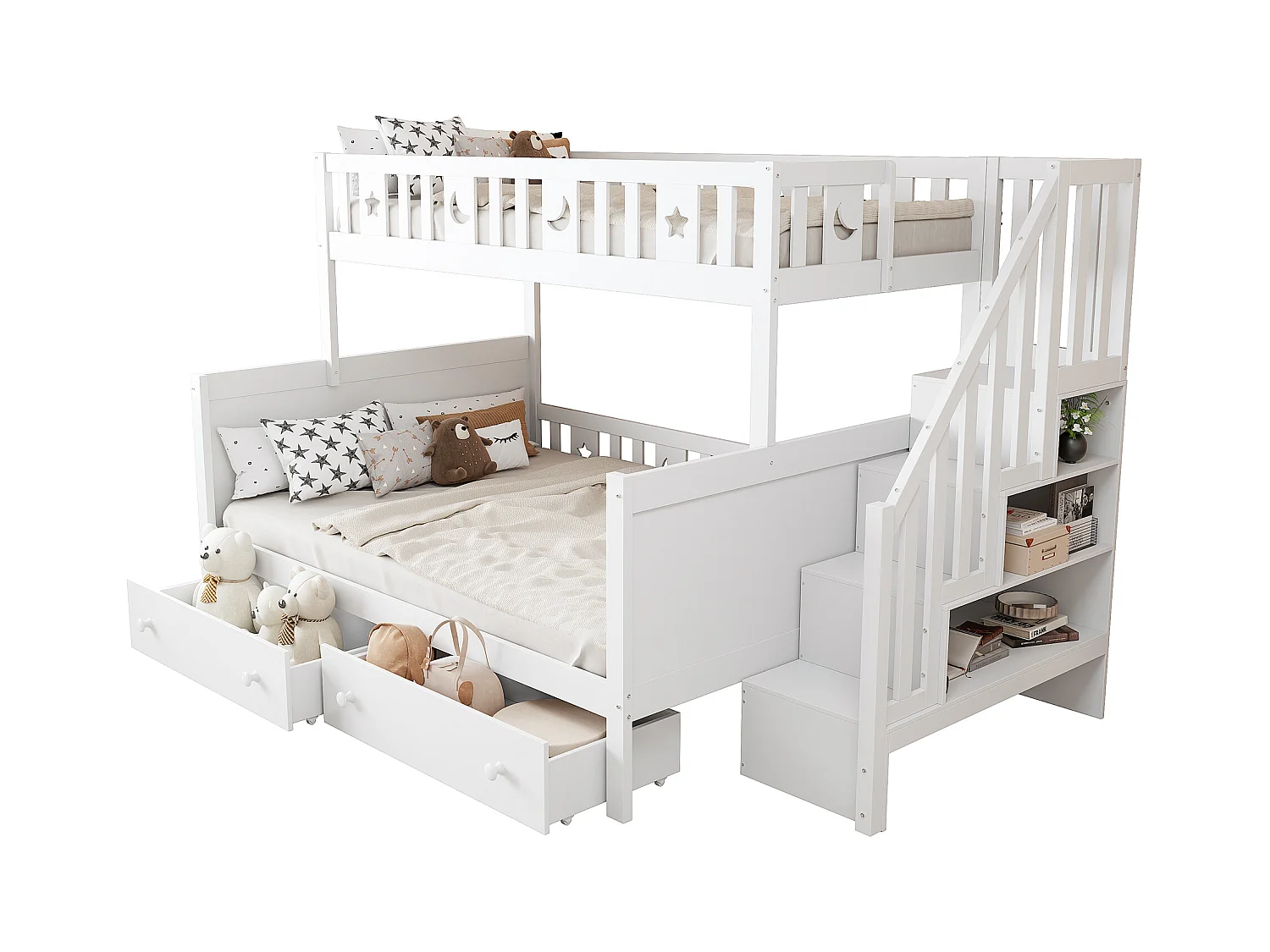 Lit superposés enfant - 90 x 200 + 140 x 200 cm - avec escalier de rangement + 2 tiroirs - bois - blanc