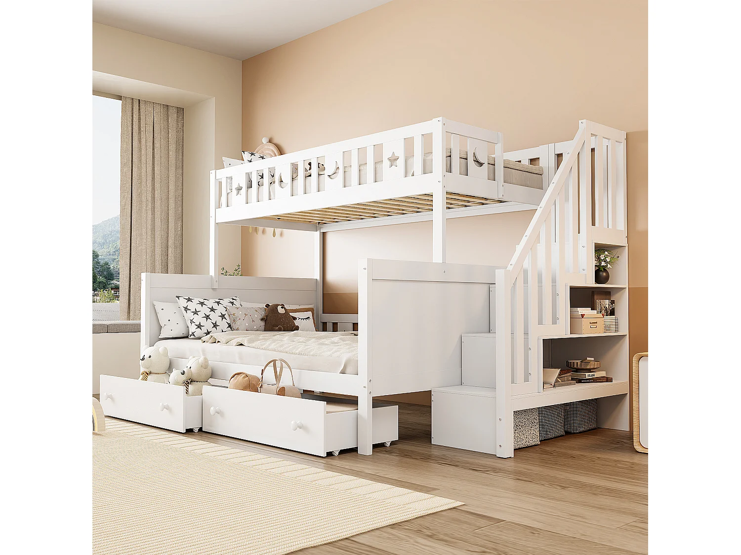 Lit superposés enfant - 90 x 200 + 140 x 200 cm - avec escalier de rangement + 2 tiroirs - bois - blanc