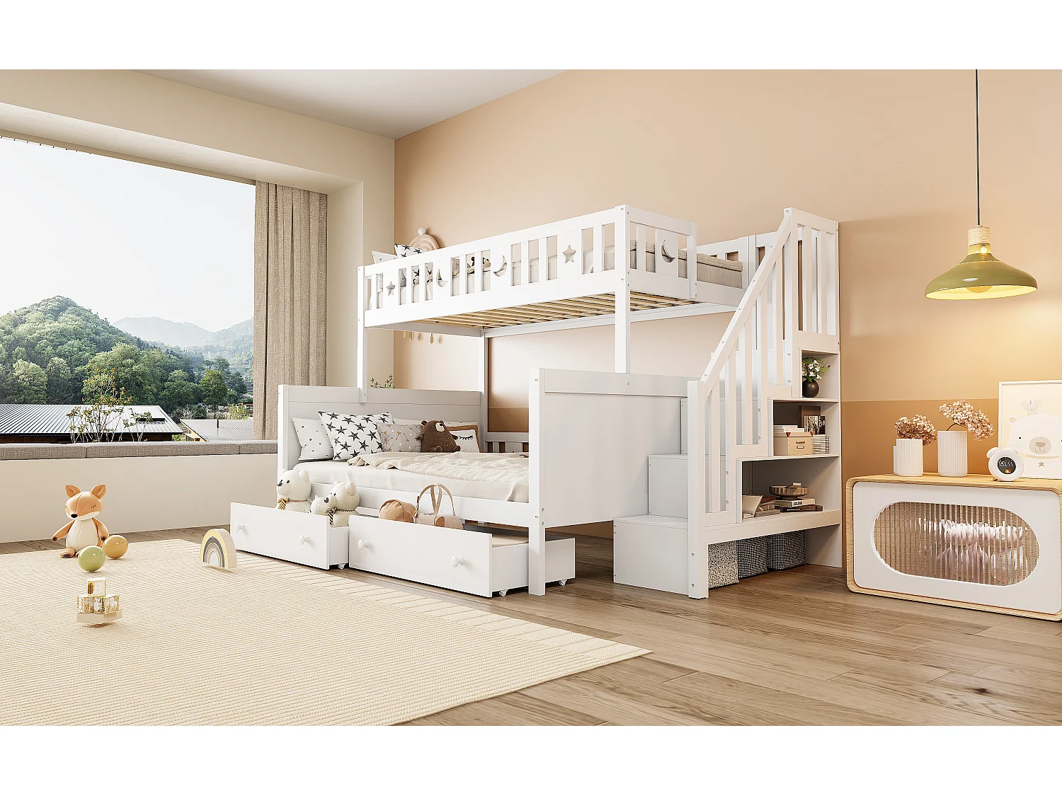 Lit superposés enfant - 90 x 200 + 140 x 200 cm - avec escalier de rangement + 2 tiroirs - bois - blanc