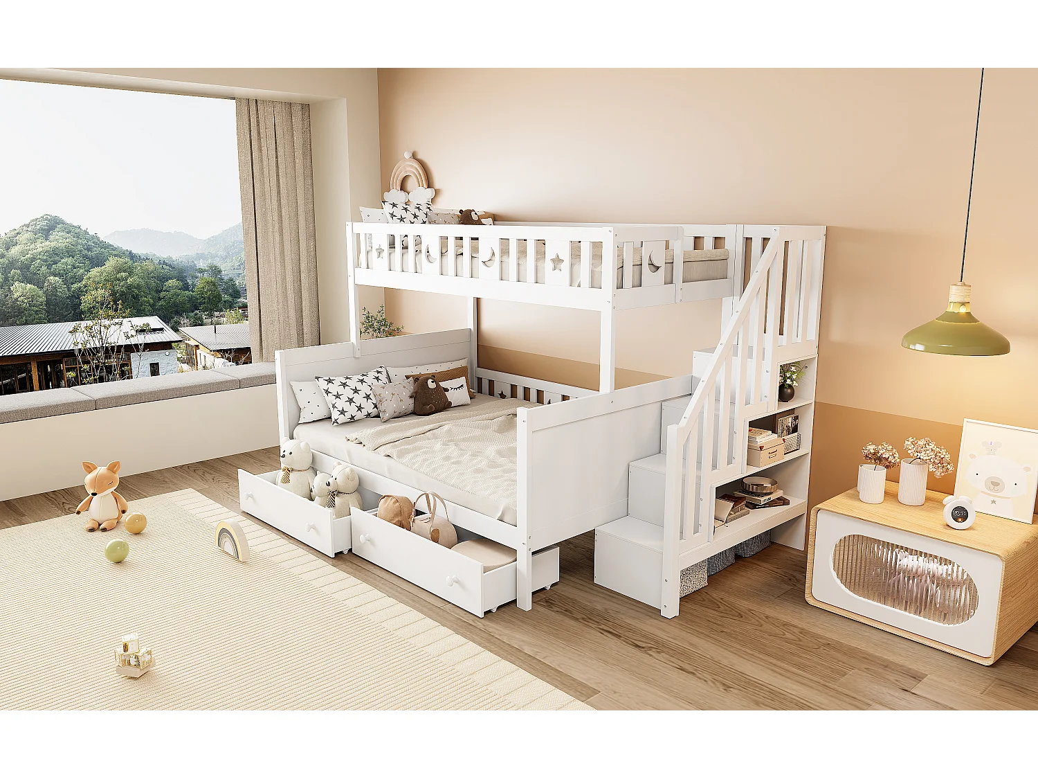 Lit superposés enfant - 90 x 200 + 140 x 200 cm - avec escalier de rangement + 2 tiroirs - bois - blanc