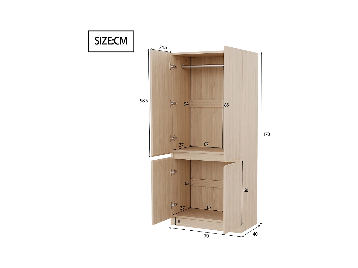 Armoire à 2 portes avec compartiment de rangement - 70 x 40 x 170 cm - bois - naturel