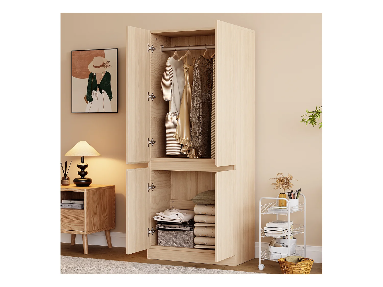 Armoire à 2 portes avec compartiment de rangement - 70 x 40 x 170 cm - bois - naturel