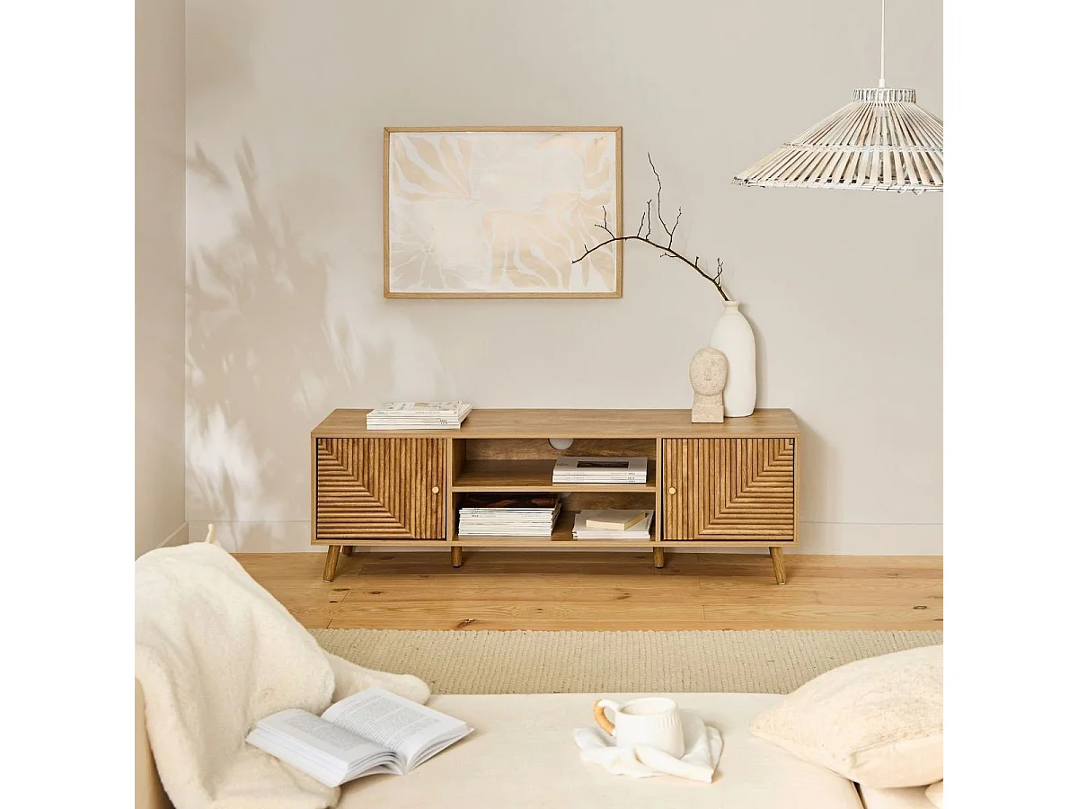 Mobile TV 2 ante con frontali effetto doghe a L, L140 cm - EDEN