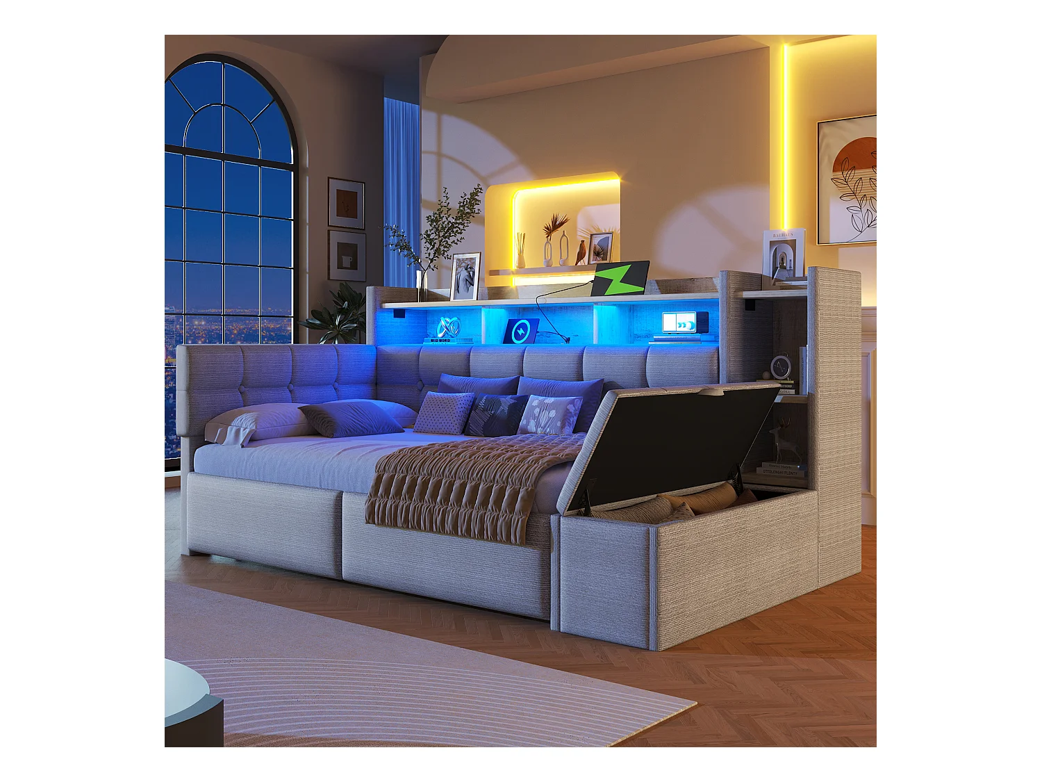 Canapé-lit 90 x 190 cm - avec 2 tiroirs + USB + étagère + banc de rangement + Leds - velours - gris