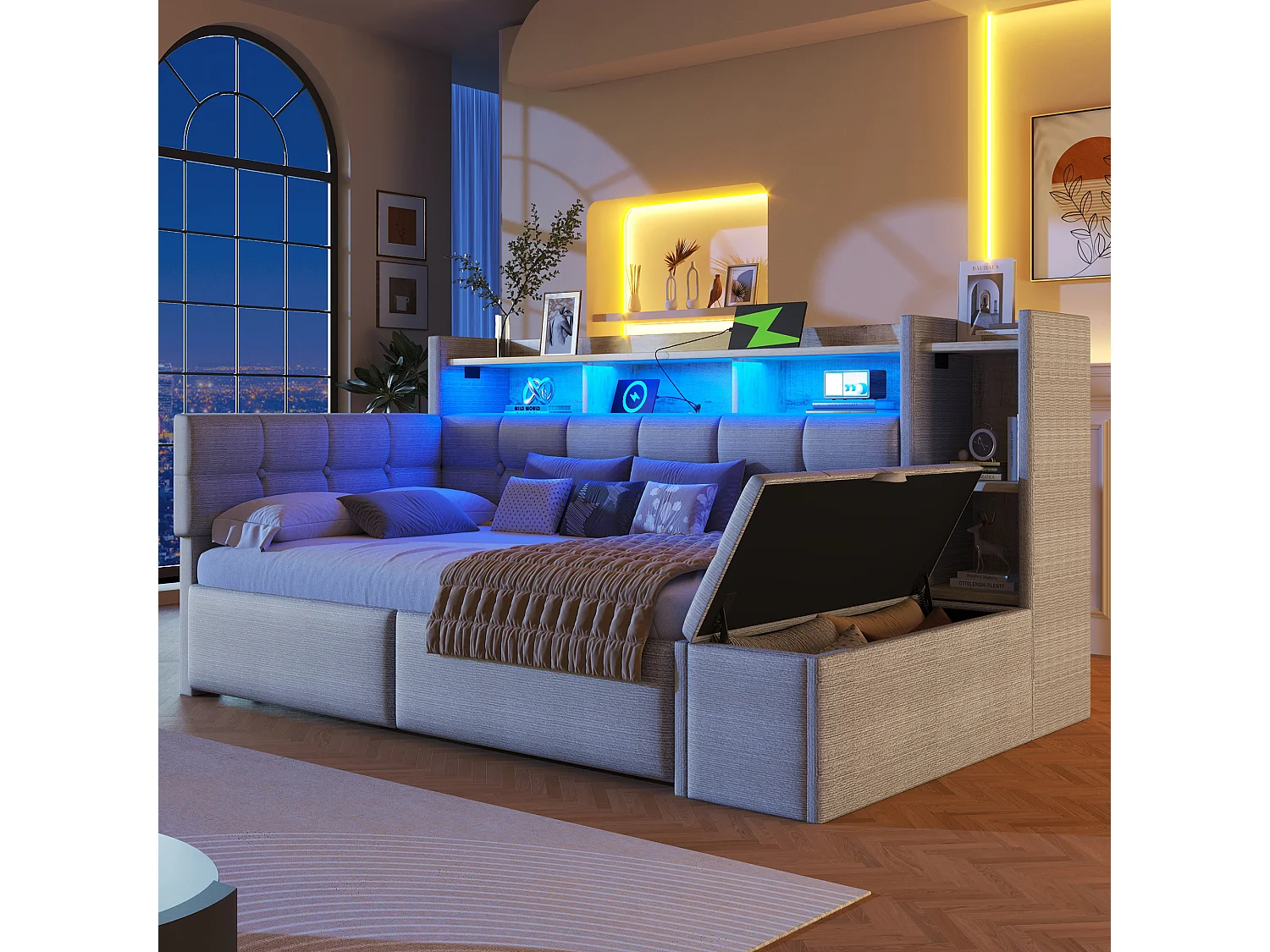 Canapé-lit 90 x 190 cm - avec 2 tiroirs + USB + étagère + banc de rangement + Leds - velours - gris
