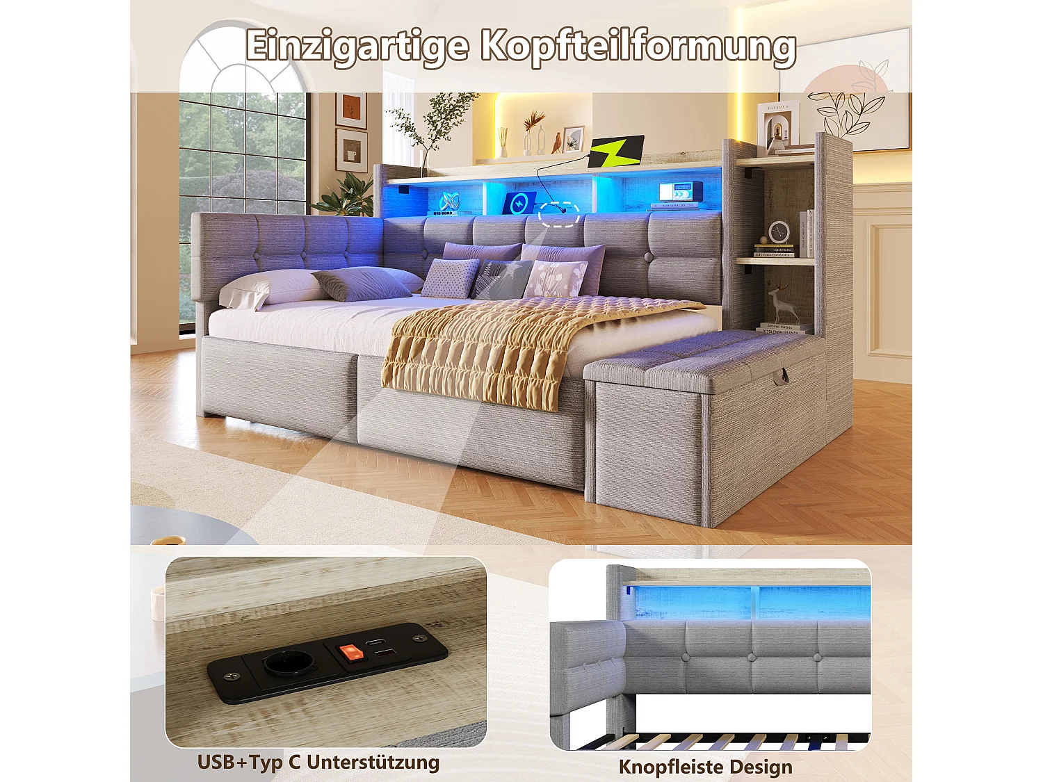 Canapé-lit 90 x 190 cm - avec 2 tiroirs + USB + étagère + banc de rangement + Leds - velours - gris