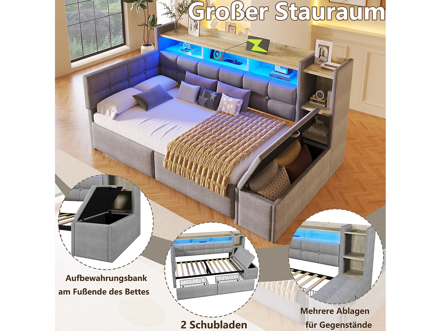 Canapé-lit 90 x 190 cm - avec 2 tiroirs + USB + étagère + banc de rangement + Leds - velours - gris