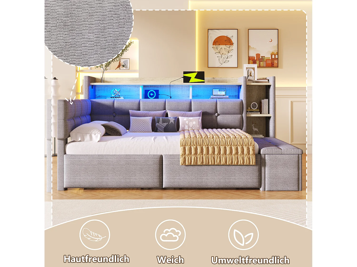 Canapé-lit 90 x 190 cm - avec 2 tiroirs + USB + étagère + banc de rangement + Leds - velours - gris